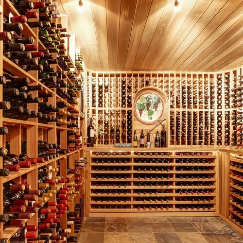 home wine cellar with wooden storage units containing wine bottles.